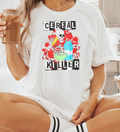 Funny foodie graphic t-shirt for men or women. Cereal killer skeleton print. 